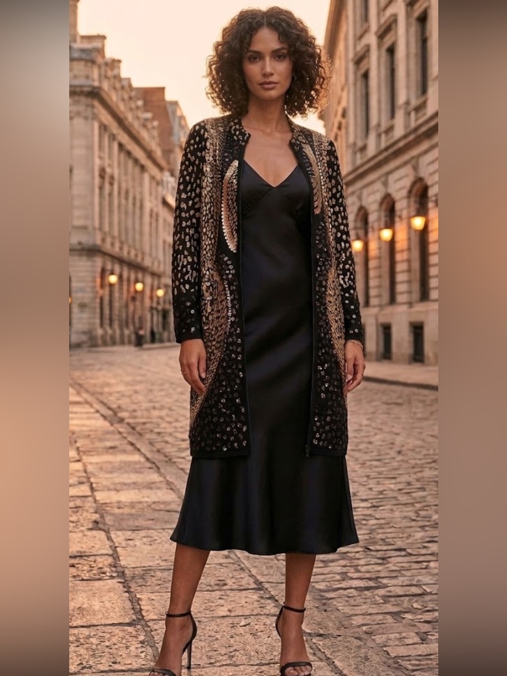 Chico's 2(L) Longline Beaded Sequined Knit Cardigan Black Gold Pockets Evening